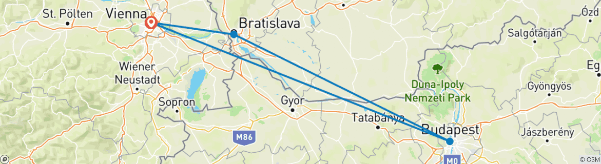 Map of New Year on The Danube: Vienna, Budapest and Bratislava (port-to-port cruise) - DOUCE FRANCE