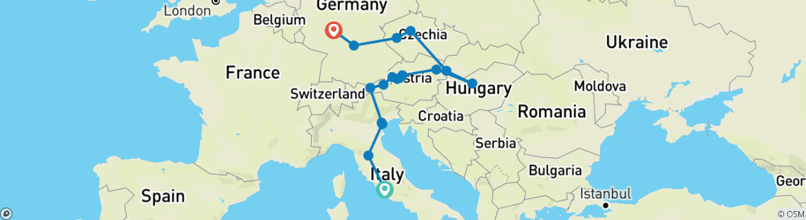 Image of a map showing the route of the tour