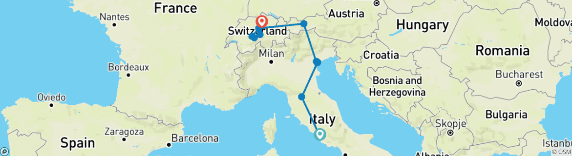 Map of Classical Italy and Switzerland (12 destinations)