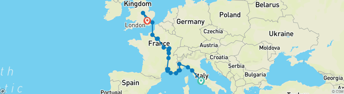 Map of From Italy to France with London (23 destinations)