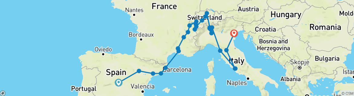 Map of South of Europe (31 destinations)