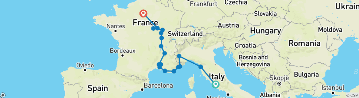 Map of From Italy to France (19 destinations)