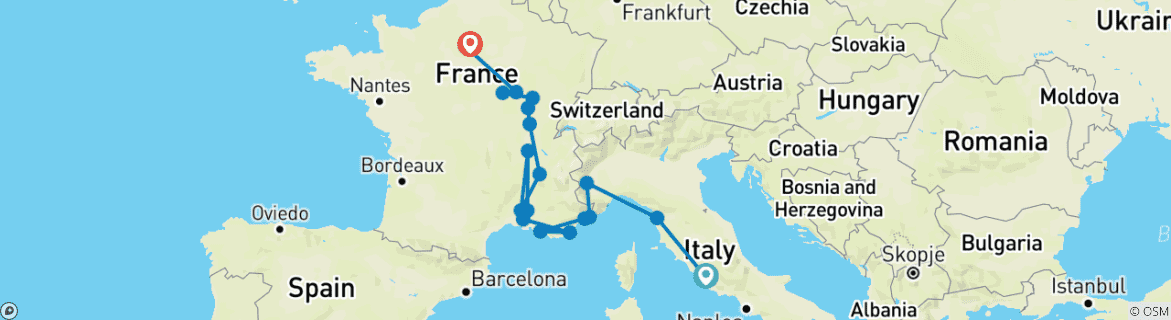 Map of From Italy to France end Paris (20 destinations)