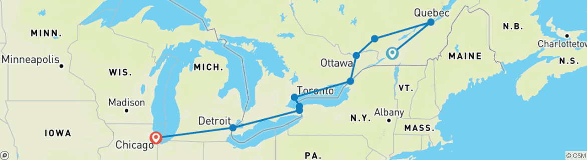 Carte du circuit L'incontournable Canada, Niagara et Chicago