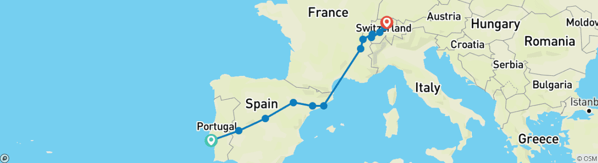 Map of Lisbon to Zurich (13 destinations)