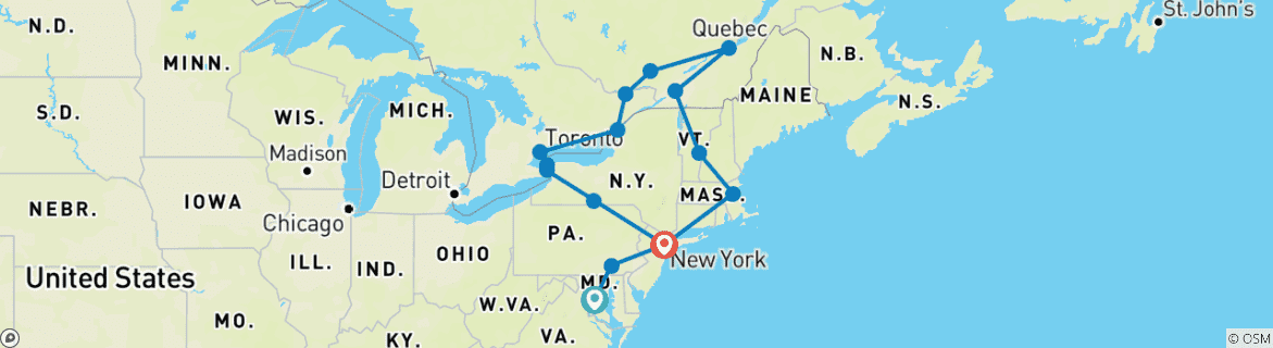 Carte du circuit Whashington, NY avec Capites Canadiens, se terminant à NY