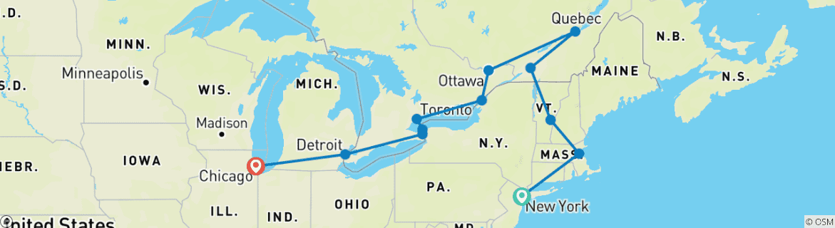 Carte du circuit L'essentiel de la côte Est, Niagara et Chicago