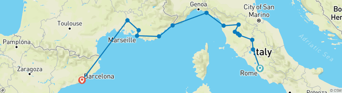 Map of Rome, Tuscany, Côte d Azur, Provence and Barcelona (including Castiglione del Lago)