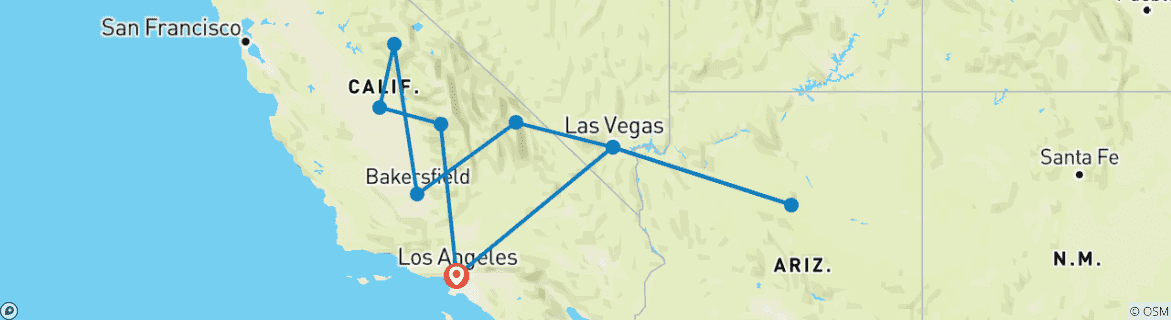 Map of Los Angeles, Las Vegas with National Parks (10 destinations)