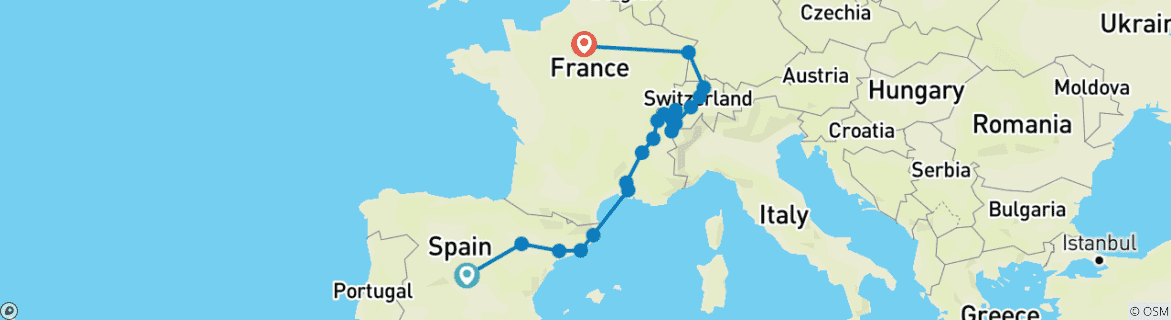 Carte du circuit Espagne, Suisse et Paris (22 destinations)