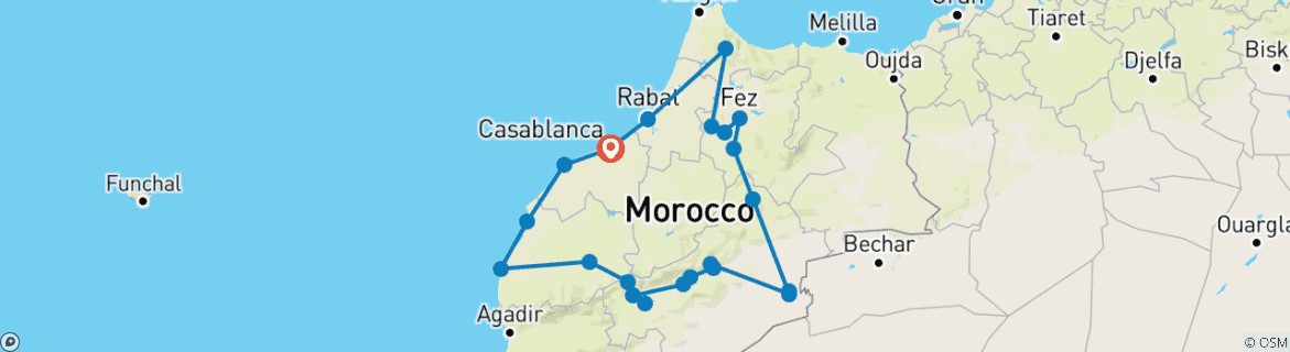 Karte von 10 Tage Luxus Marokko Tour: Casablanca bis zur Wüste Sahara (20+ Reiseziele)