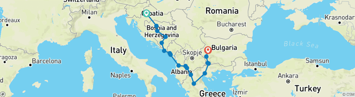 Map of Balkan Dreams end Bulgaria (18 destinations)