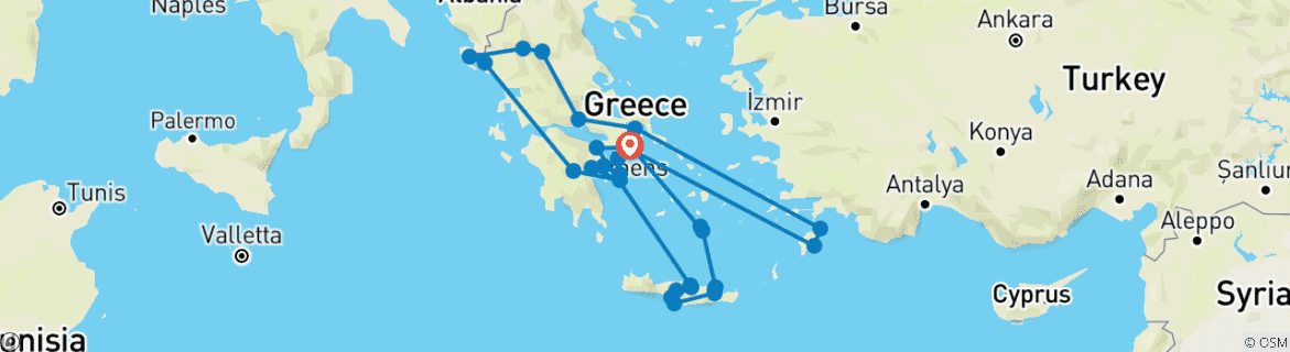 Karte von Athen, Peloponnes, Nordgriechenland und griechische Inseln (33 Destinationen)