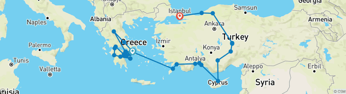 Carte du circuit Grèce complète et Turquie étonnante (35 destinations)