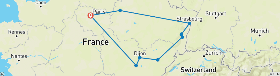 Image of a map showing the route of the tour