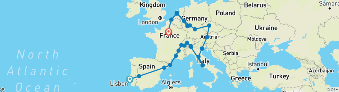 Map of Contrast of Europe end Paris (59 destinations)