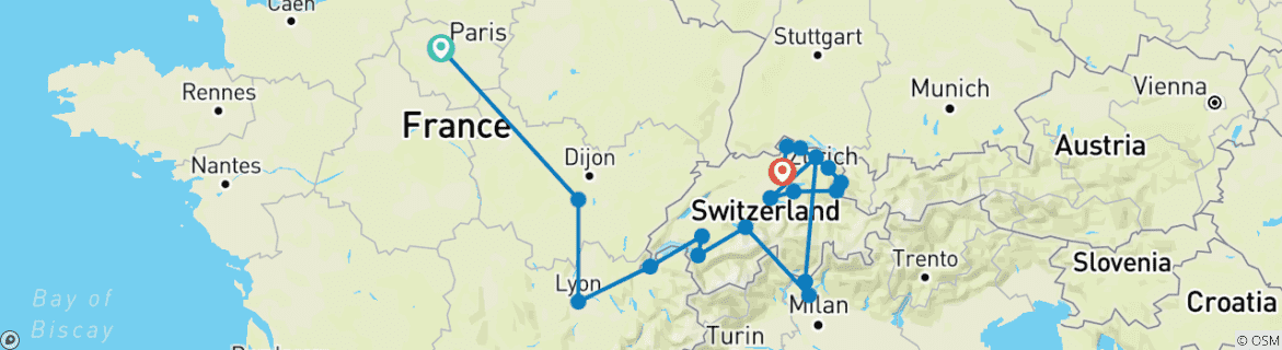 Map of France and Swiss Alps (18 destinations)