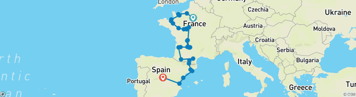 Carte du circuit La France et l'Espagne en beauté (28 destinations)