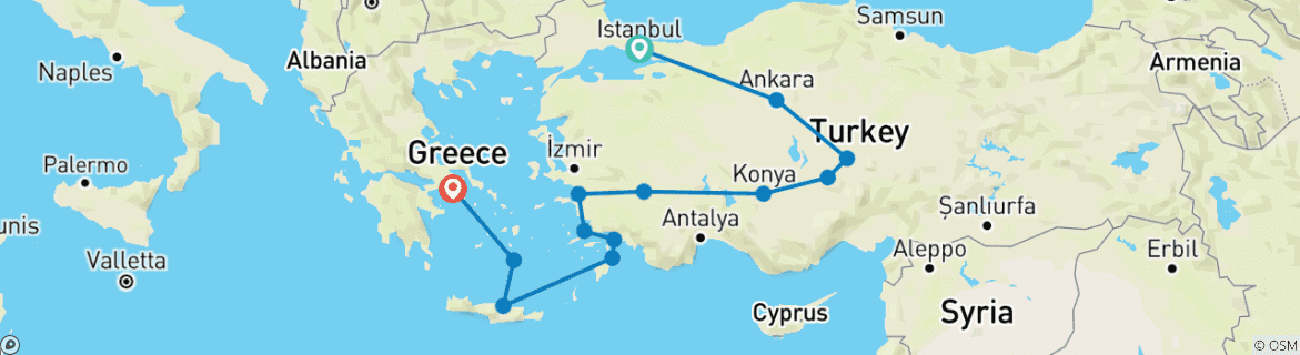 Karte von Türkei, Rhodos und Kreta bis Athen