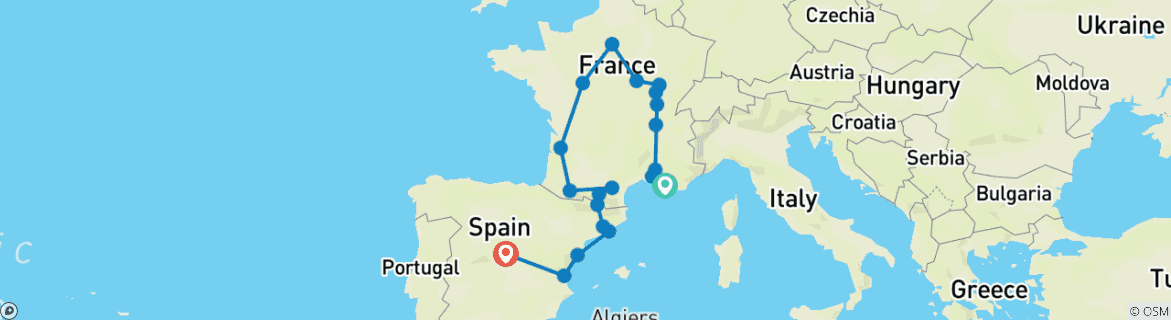 Map of France, Andorra and Spain