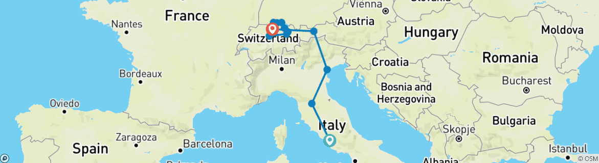 Map of Italian and Swiss Panorama (from Rome to Zurich)