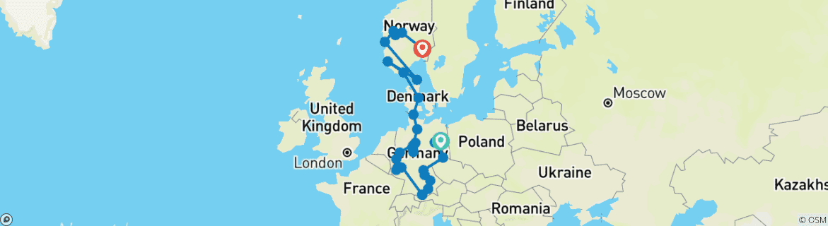 Map of Germany and Norway (33 destinations)