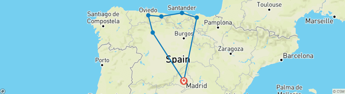 Map of Madrid and North of Spain (7 destinations)