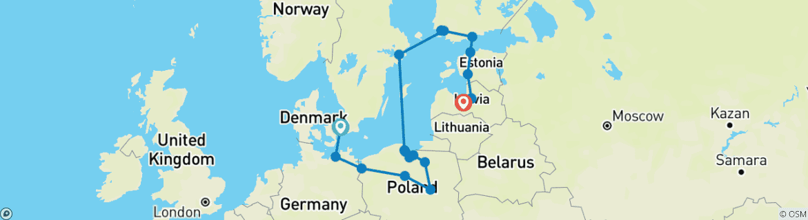 Image of a map showing the route of the tour