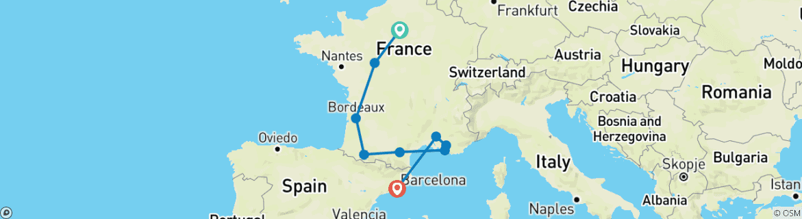 Kaart van Reis naar Parijs, Lourdes, de Côte d Azur, de Provence & Barcelona (9 bestemmingen)