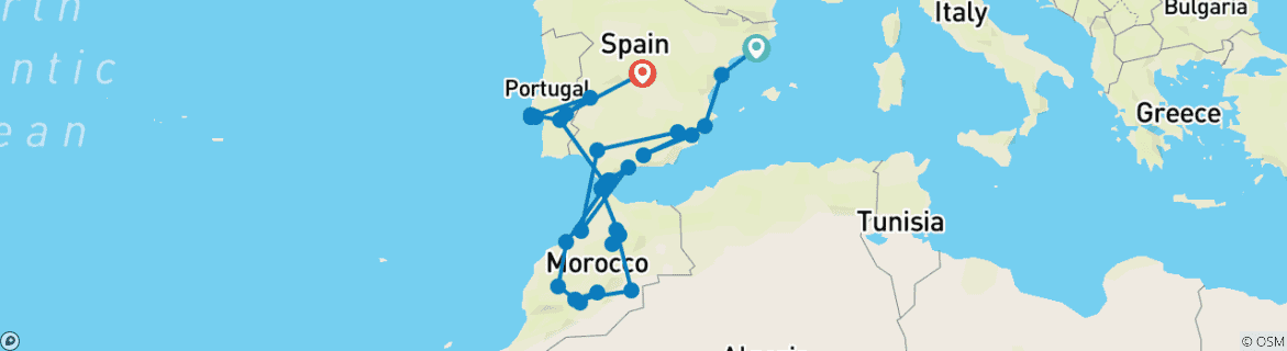 Map of Spain, Morocco and Portugal (41 destinations)