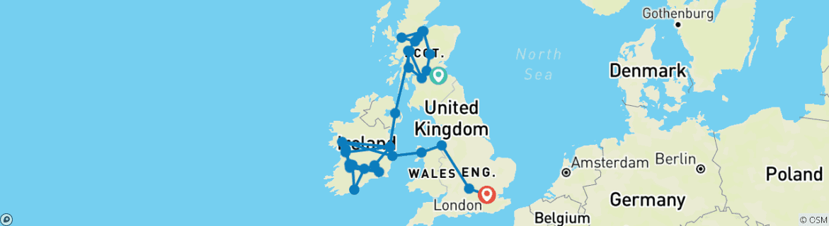 Map of Scotland and Ireland with London