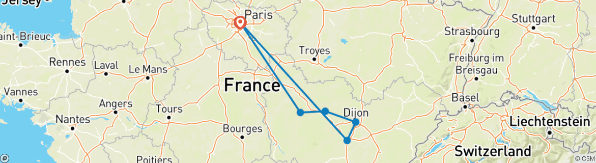 Carte du circuit Les merveilles de la Bourgogne (6 destinations)