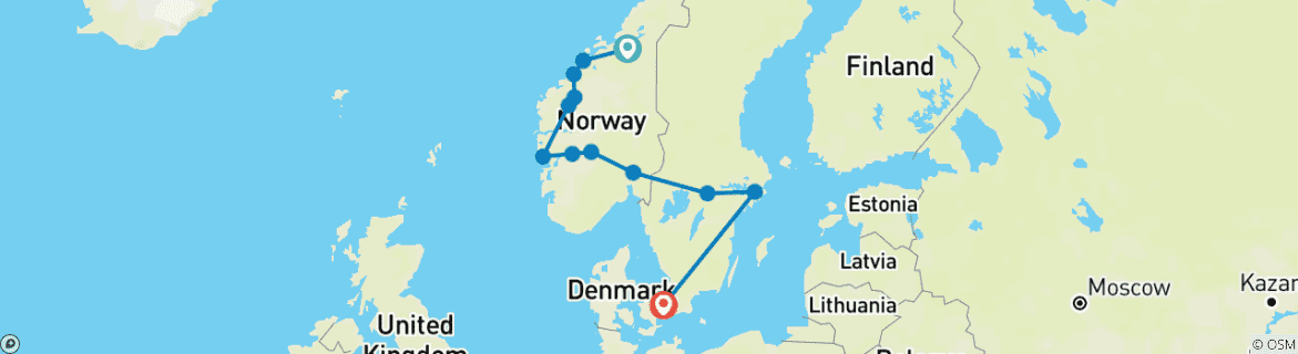 Mapa de La bella Noruega y las capitales nórdicas