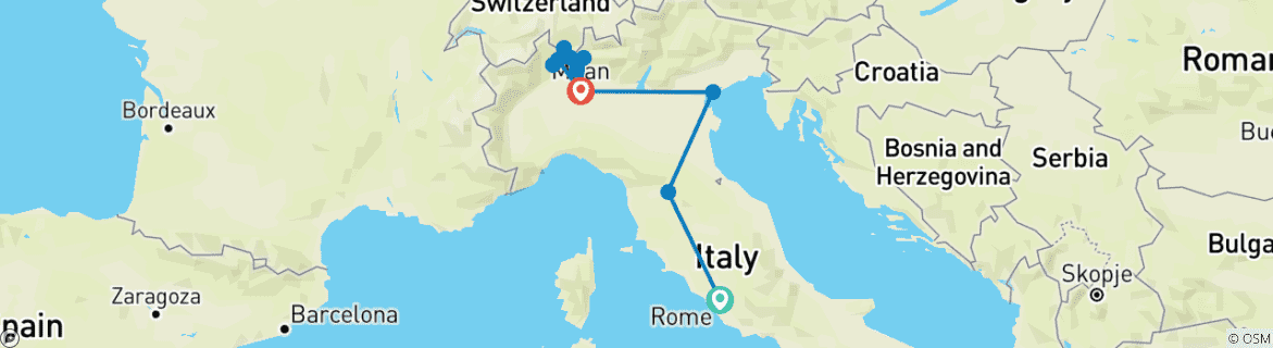 Carte du circuit COMBO ART VILLES D'ITALIE + LACS D'ITALIE ET DE SUISSE depuis ROME