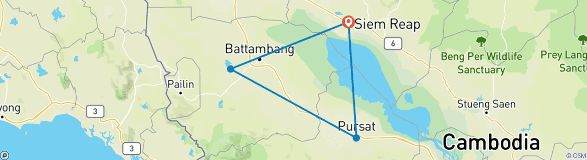 Map of 3-Day Uncharted Cambodia Dirt Bike Tour from Siem Reap to Battambang, Pursat