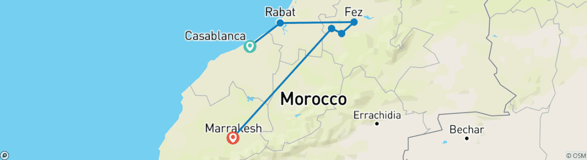 Map of Moroccan Express: A 3-Day Adventure from Casablanca to Marrakech via Rabat, Fes, Volubilis, and Meknes.