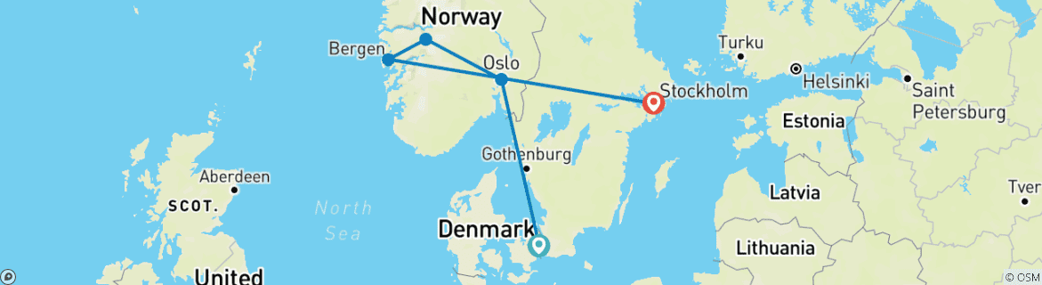 Mapa de Excursión en Grupo Pequeño por las Capitales y Fiordos Escandinavos
