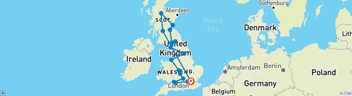 Kaart van Engeland en Schotland (Vanaf maart 2025, Winter 2025 - 2026, Einde Londen, 11 Dagen)