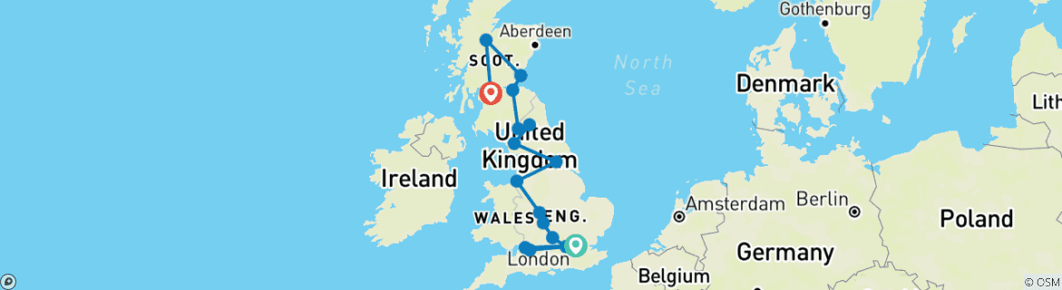 Map of England and Scotland (From March 2025, End Glasgow, 11 Days)