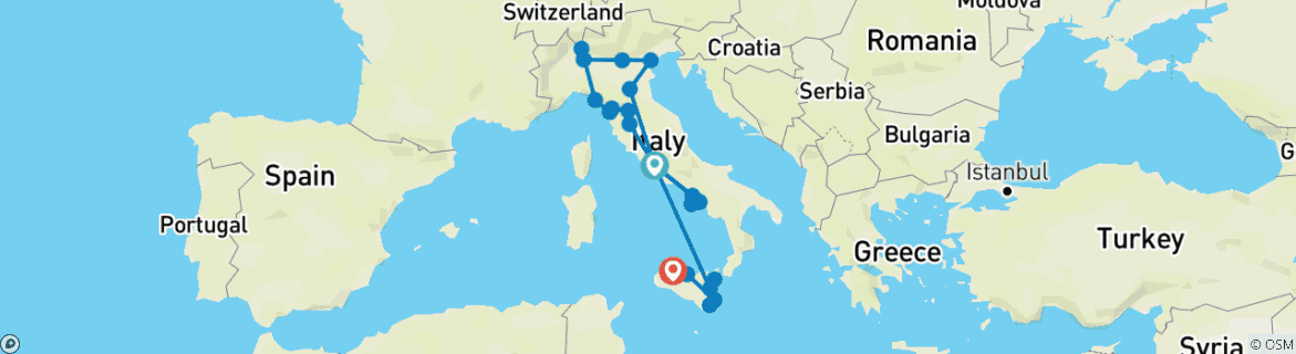 Map of Ultimate Italy (Standard, 22 Days, Intra Tour Air Rome To Catania)