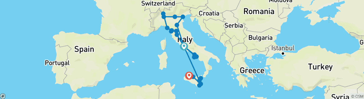 Map of Ultimate Italy (Standard, 22 Days, Air Price Rome To Catania)