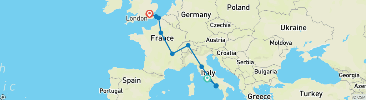 Map of Rome to London Vistas (Winter, 9 Days)