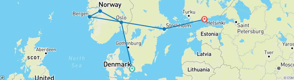 Kaart van Scandinavische Hoofdsteden & Fjorden Tour met Helsinki Kleine Groepsreis