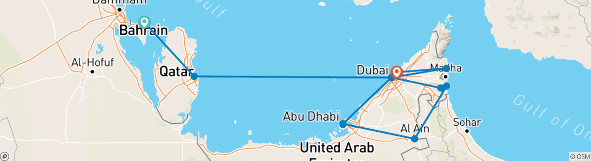 Map of Bahrain, Qatar, Dubai and Arab Emirates (from Manama to Dubai)