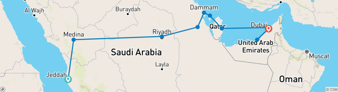 Karte von Saudi-Arabien mit Bahrain, Katar und den Emiraten bis Dubai (10 Destinationen)