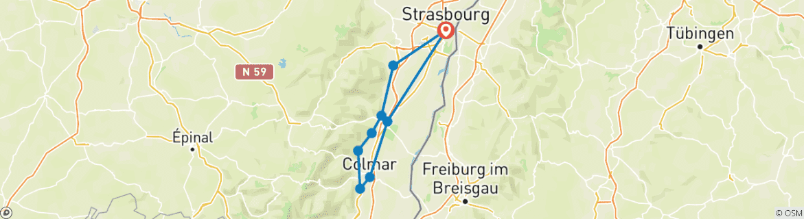 Image of a map showing the route of the tour