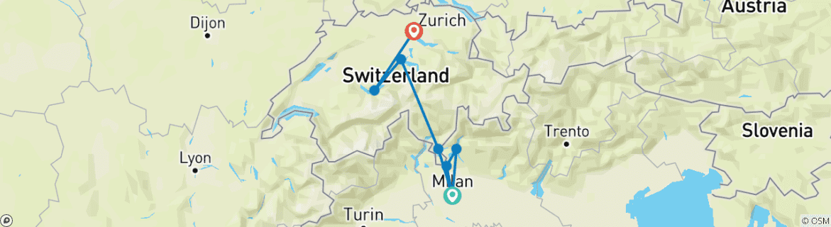 Karte von SEEN und BERGE der SCHWEIZ von MAILAND aus