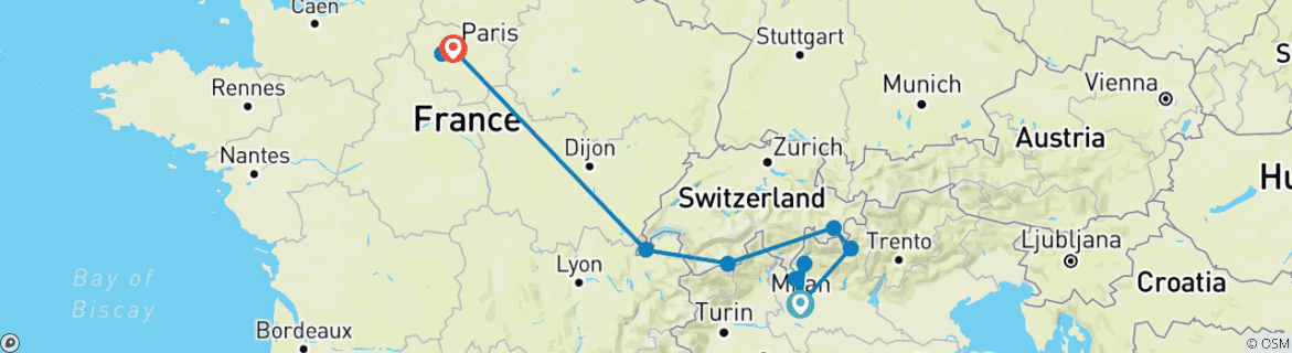 Map of MILAN to PARIS via THE ALPS – from MILAN