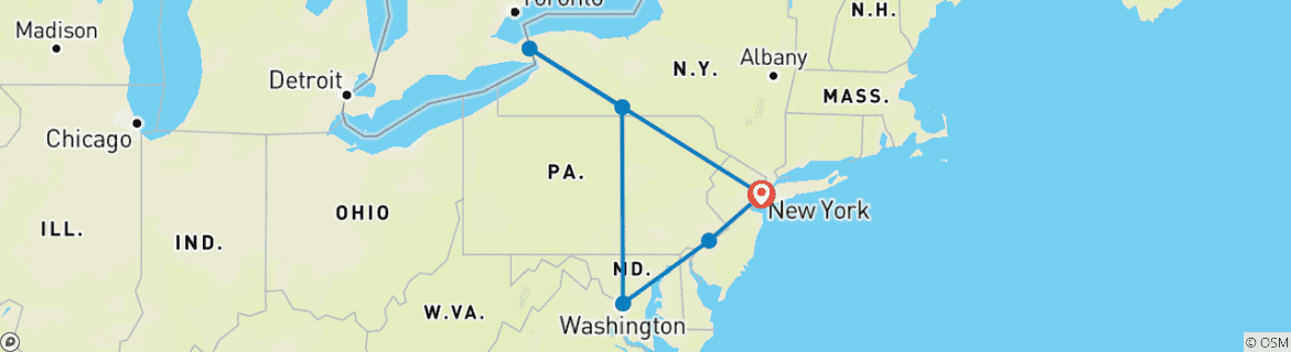 Map of 6-Day US East Coast High 6-Day US East Coast Highlights: New York+Philadelphia+Washington D.C. + Niagara Falls(Bilingual:Chinese+English)