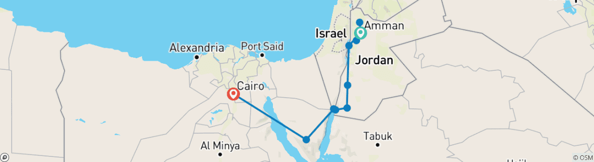 Carte du circuit Lumières de Jordanie et du Caire (12 destinations)